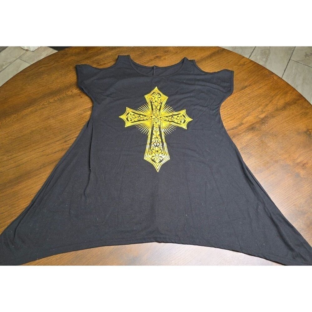 Womens Black Cold‎ Shoulder Tunic Top With Yellow Cross Graphic Design